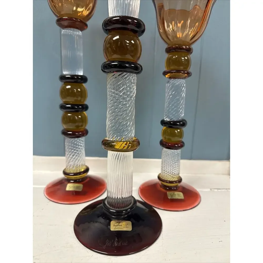Set Of 3 Signed Czech Glass Z Fusion Art Glass Candlesticks Hand Blown‎ Helix